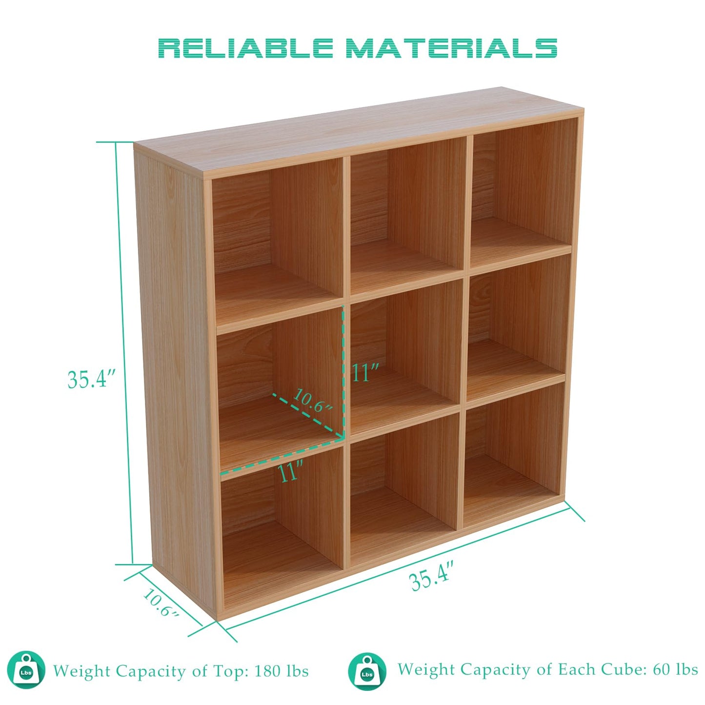 OSCHF 9-Cube Storage Shelf Bookcase - Wooden 3-Tier Floor Standing Open Bookshelf for Home and Office, Display Cabinet, Oak