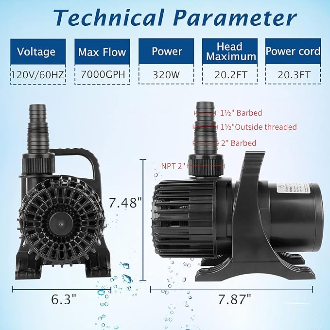 WaterRebirth (7000GPH-320W, UL listed) Large Fountain Submersible Water Pond Sump Pump Aquarium Electric Waterfall Pump Outdoor PS- 7000
