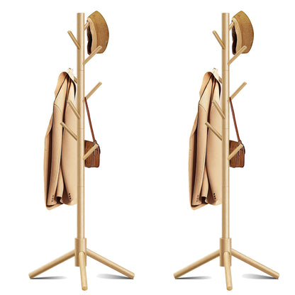 Azaeahom Coat Rack, Coat Racks Freestanding with 8 Hooks 3 Adjustable Heights for Clothes, Hats, Handbags, Coat Tree Easy Assembly for Entryway, Bedroom, Hallway, Office(Nature 2PCS)