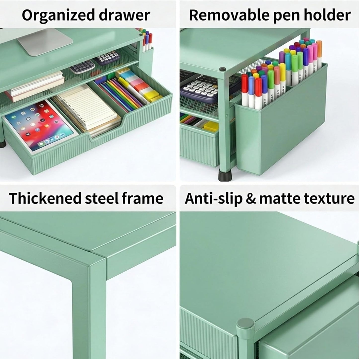 ECOLOVI Desk Organizer and Accessories, 2-Tier Computer Monitor Stand Rise with Storage Drawer & 2 Pen Holders, Laptop & Printer Stand for Desktop, Workspace Organizers for Office Supplies (Green)
