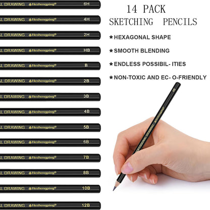 Heshengping Drawing Pencils Sketch Pencil Art Supplies Set for Adults beginners Professional Sketching Art Graphite Charcoal Blending Stump Pencils kit