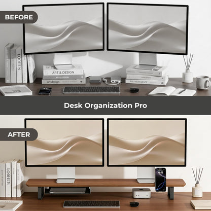 muso wood Dual Monitor Stand with Storage Shelf, 45 Inch Wooden Monitor Riser for 2 Monitors, Walnut Desk Shelf for Computer, Laptop, Screen, TV, Printer