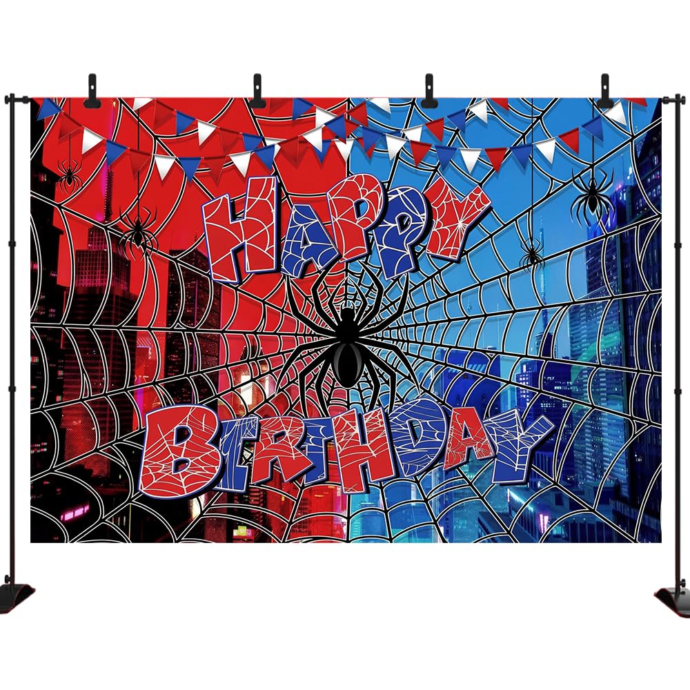 Spider Web Backdrop for Photography Superhero Photo Backdrop Red Blue City Spider Photo Background Children Boys Baby Shower Birthday Party Decorations Supplies Photo Studio Prop Banner XH015 (7x5ft)