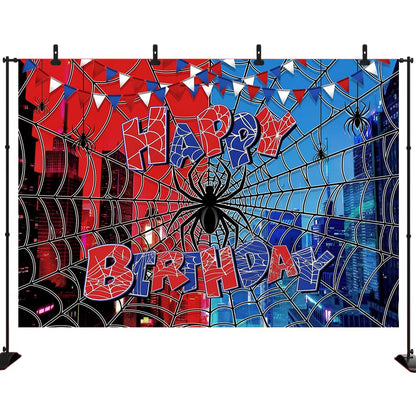 Spider Web Backdrop for Photography Superhero Photo Backdrop Red Blue City Spider Photo Background Children Boys Baby Shower Birthday Party Decorations Supplies Photo Studio Prop Banner XH015 (7x5ft)