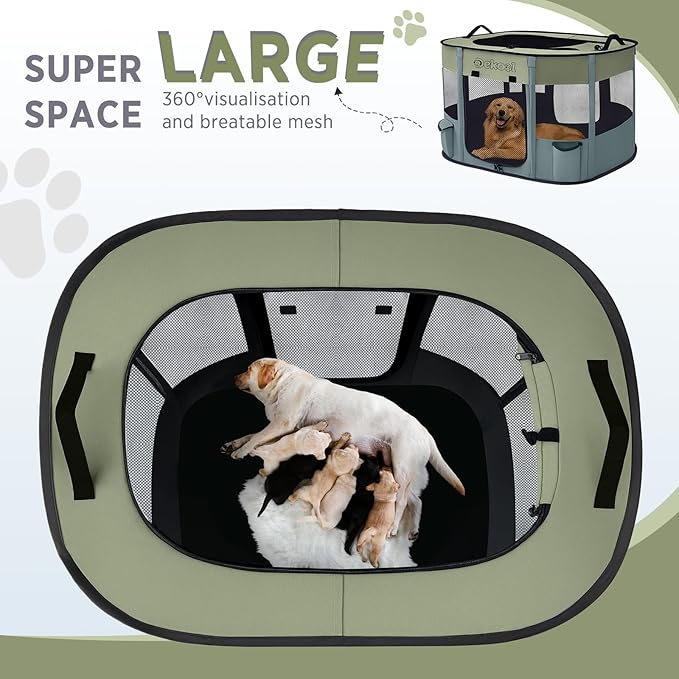 Foldable Dog Cat Playpen, Portable Dog Crate for Puppies, Cat, Puppy Play Pen for Indoors, Kennel Tent Crate for Indoor Outdoor Travel Camping Use with Carrying Case (Green, L)