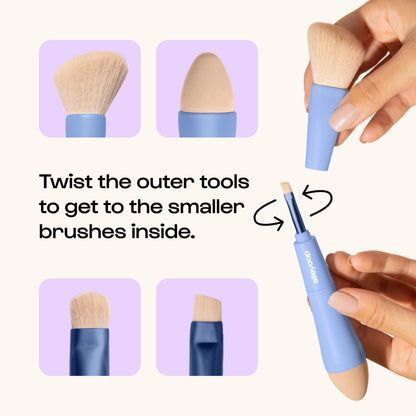 Makeup Brush Set Alleyoop Multi-Tasker 4-in-1 Travel Make Up Brush Set + Blending Sponge Refill Pack – Compact Makeup Brushes for Foundation, Blush, Bronzer, Contour, Eyeshadow, Brows & Liner
