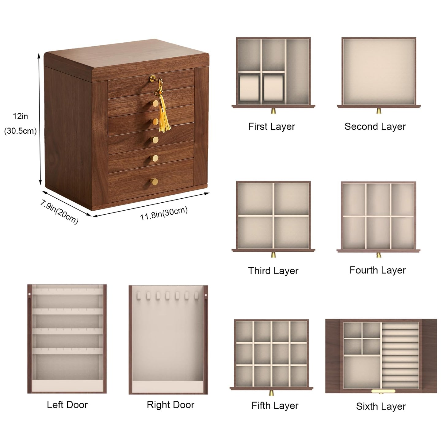 Homruilink Black Walnut Wooden Jewelry Box, Wood Jewelry Organizer with 2 Side Doors Mirror Lockable Classical Style for Watch Necklace Ring Earring Storage, Fathers Day Gift-6 Layer
