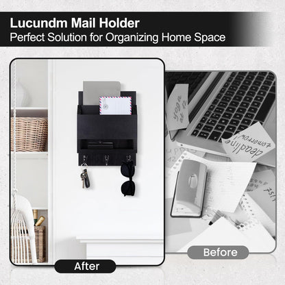 Lucundm Key and Mail Holder for Wall, Key Holder with Chalkboard and Long Storage Box, Key Hanger with 3 Sturdy Hooks for Coat, Dog Leash, Entryway Mail Organizer (Black)