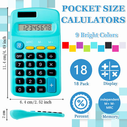 IJRPLM 18 Pack Mini Pocket Calculators, Solar & Battery Power, 8 Digit Display, Bulk for Students, Kids, School, Home, Office (9 Colors)