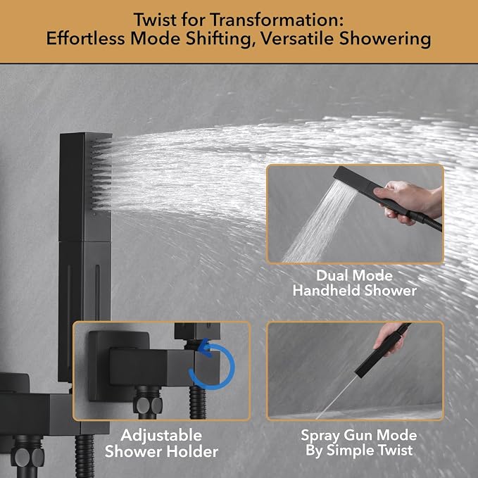 VANFOXLE Shower Faucet Set Matte Black Shower System, Push Button Diverter Shower Faucet with Trim Kit, Ceiling Mount 16 Inch Shower Head Increased Thick, 6 Inch Side Shower Head, 2-in-1 Handheld
