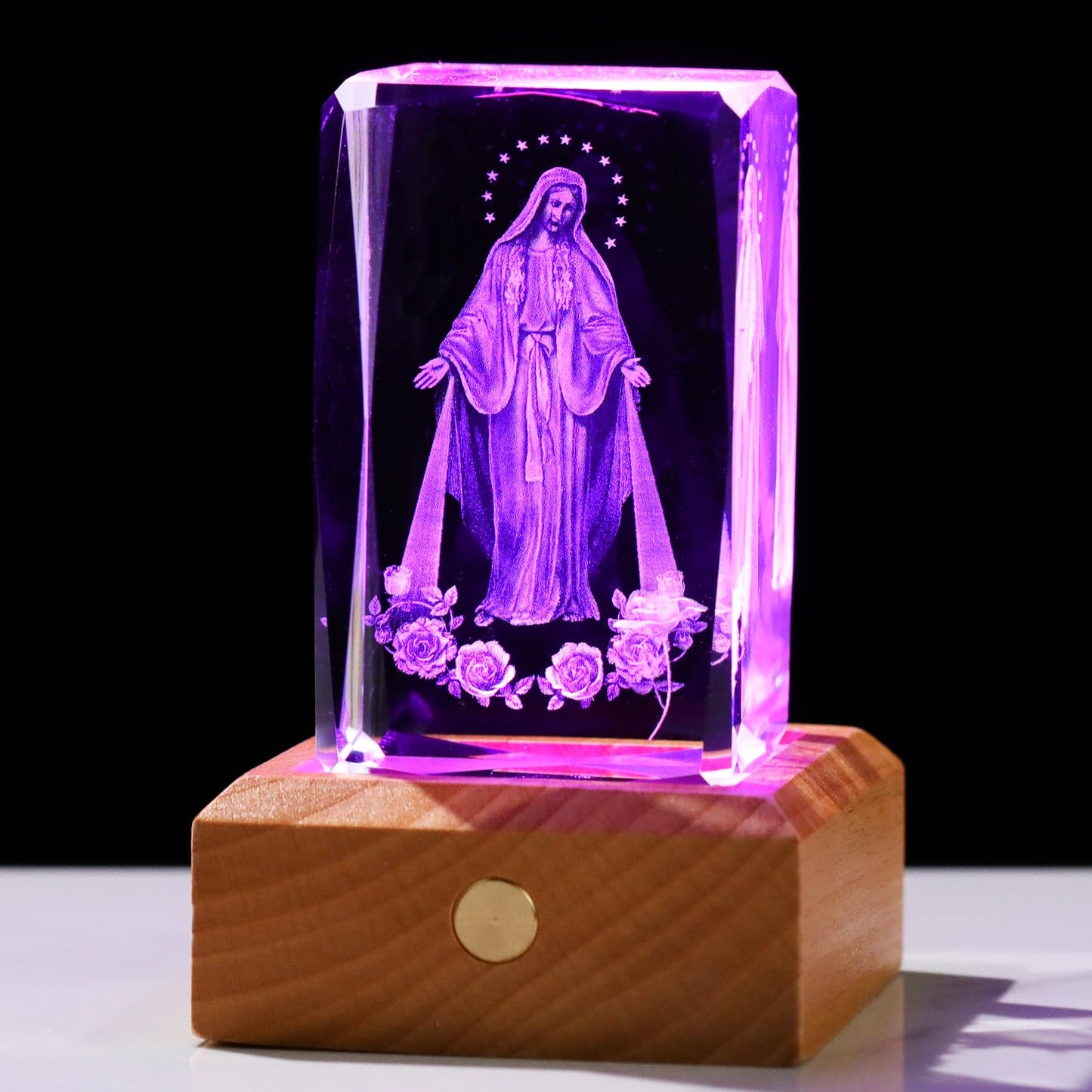 3D Crystal Virgin Mary Figurines Religious Gifts for Women Men, Glass Blessed Mother Christian Cube for Room with Wooden Light Base, Collectible Keepsake for Catholic on Christmas Home Decor