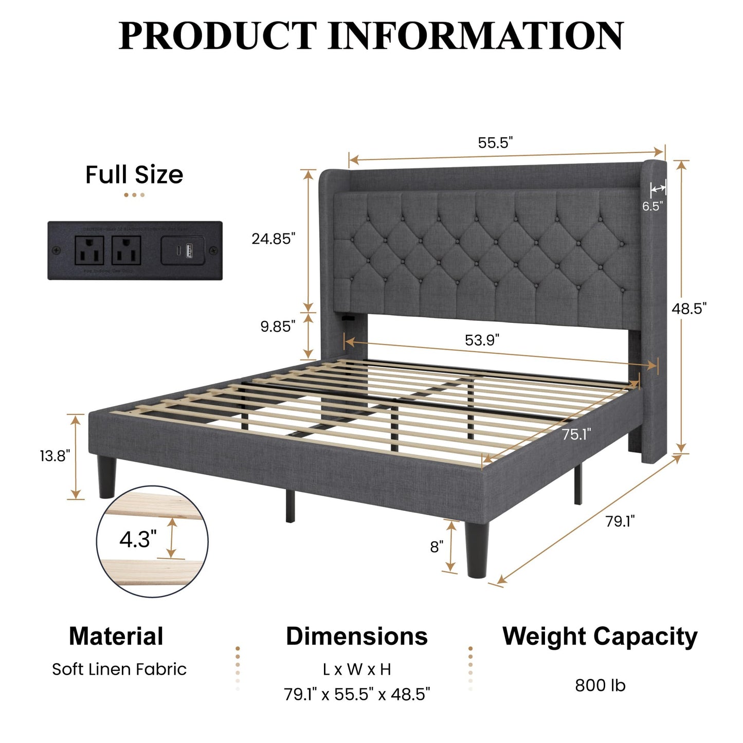 SHA CERLIN Full Size Platform Bed Frame with Charging Station, Linen Wingback Headboard with Storage Shelf, Wooden Slats Support, Ample Under-Bed Space, No Box Spring Needed, Easy Assembly, Dark Grey