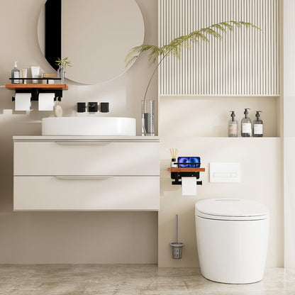 Toilet Paper Holder with Wood Shelf, Wall Mount Toilet Paper Roll Holder with Wooden Shelf and Matte Black Stainless Steel Pipe, Tissue Roll Holder for Bathroom Washroom (Dark Brown, 13.8'' x 5.9'')