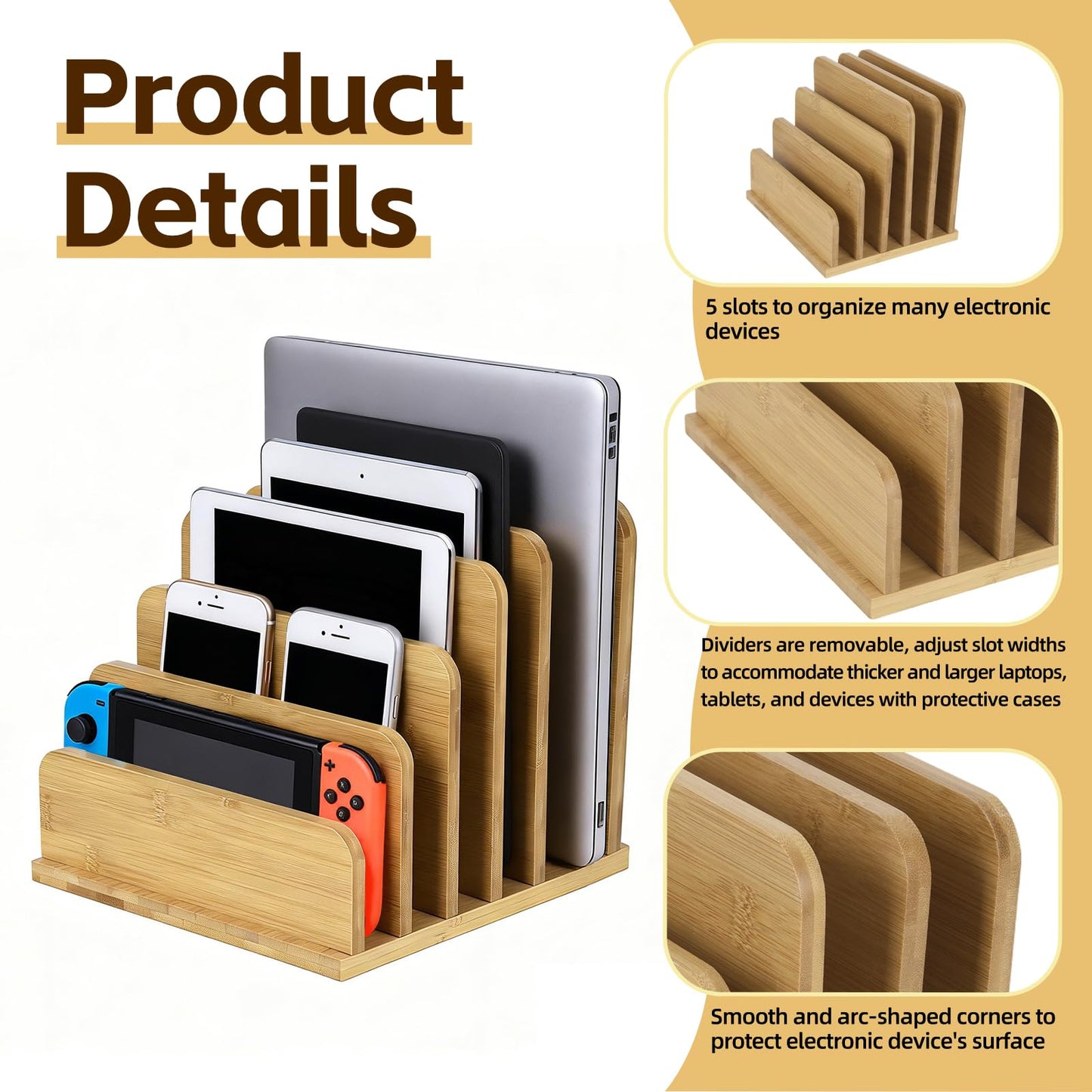 Device Organizer Holder, 5 Slots Bamboo Stand for Organizing Electronic Devices, Organize Tablets, Smartphones, Laptops, and Game Consoles, Slot Width are Adjustable, Also Organize Mails and Files