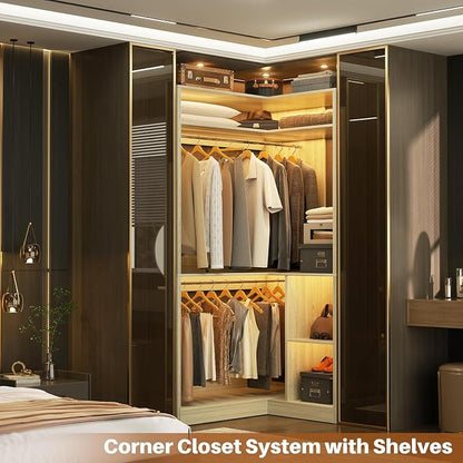 Aheaplus Corner Closet System with Shelves, 34’’ Closet Organizer System with Hanging Rods, Wood Walk-in Closets for Corner Small Space,Freestanding Corner Tower, L Shaped Garment Rack, White Oak