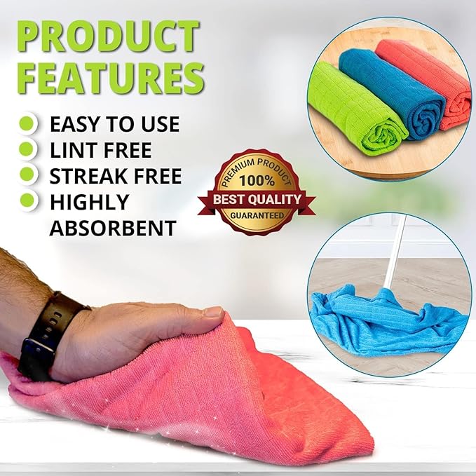 HELOMOR 12 Extra Large Microfiber Cleaning Cloths, Reusable Multi-Purpose