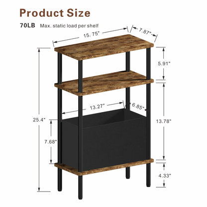 Newmics Narrow Side Table with Fabric Basket, End Table for Small Spaces, Slim Nightstand with 3-Tier Storage Shelf, Sofa Beside Table, for Living Room, Bed Room, Rustic Brown