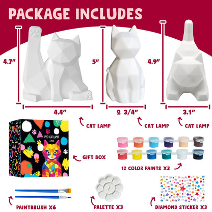 Goody King Paint Your Own Cat Lamp Art Kit, 3PCS DIY Night Light, Arts & Crafts for Kids Ages 8-12, Painting Kit for Girls Boys Age 4 5 6 7 8+, Art Supplies Cat Craft Birthday Gifts for Kids Ages 3+