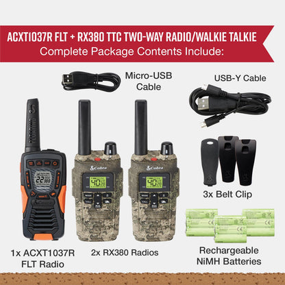 Cobra RX680 Walkie Talkies (2-Pack) - Rugged & Splashproof Two Way Radios Long Range, IP54 Water Resistant Design, 60 Pre-Programmed Channels, Weather Alerts, Included Charging Dock (Black/Orange)