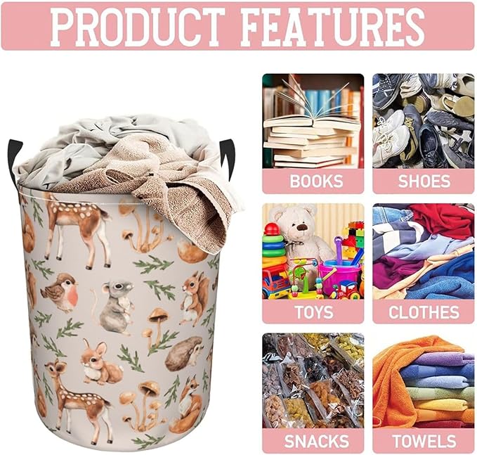 Forest Little Animal Laundry Hamper Bag, Deer Squirrel Hedgehog Fox Round