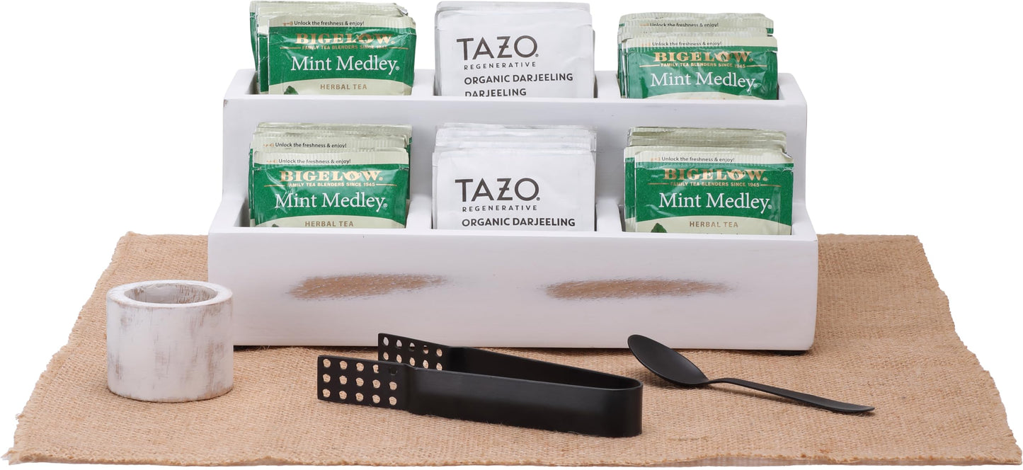 Wooden Tea Bag Organizer | Farmhouse Finish | 6-Compartment Storage | Countertop | Accessories: Tea Bag Squeezer, Natural Jute Placemat, Tea Spoon, Wooden Napkin Ring