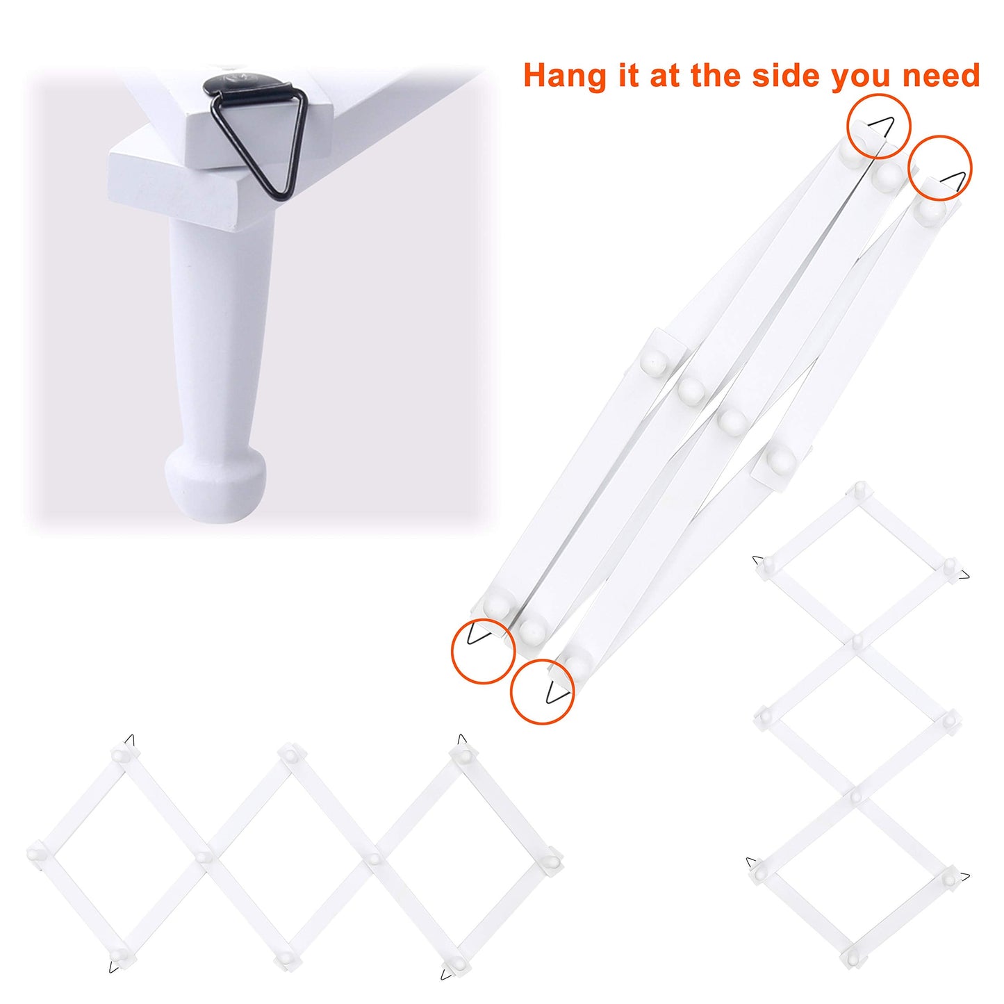 Dseap Accordian Wall Hanger: 16” High Wooden Wall Expandable Coat Rack, Hat Rack Holder, Accordion Hook for Baseball Caps, Coats, Mugs, 10 Peg Hooks, White
