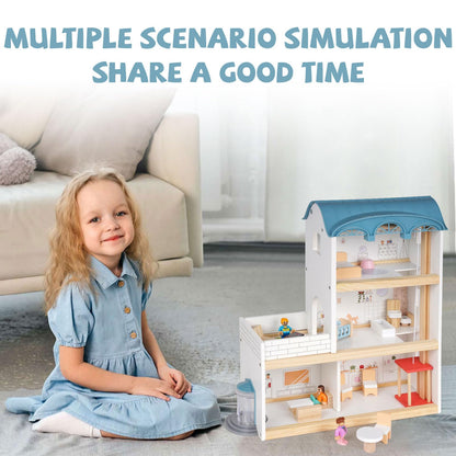 Wooden Dollhouse for Kids, 3-Story Wood Doll House Playset with Furniture, Accessories & 3 Toy Figures, DIY Pretend Play House for Toddlers, Girls & Boys, Miniature Dollhouse with Balcony Gift