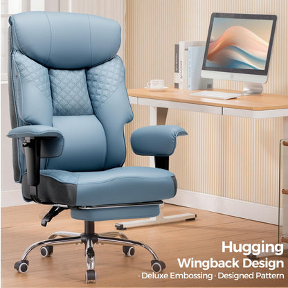GTPLAYER Big and Tall Office Chair, High Back Computer Gaming Chair with Ergonomic Lumbar Support &Pocket Spring Cushion for Lower Back Pain Relief, Leather Executive Chair with Foot Rest, Blue