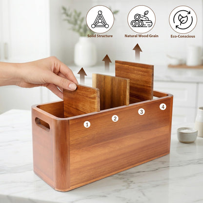 powerful xishan Kitchen Utensil Holder for Countertop with 3-Piece Wooden Utensil Set, Extra Large Acacia Wood Utensil Organizer, 4-Compartment Storage for Cooking Utensils, Silverware and Cutlery