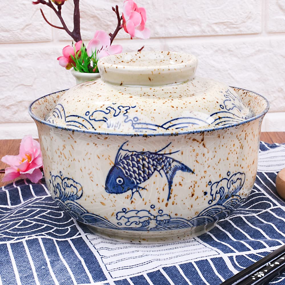 Whitenesser Ramen Bowl with Lid, Japanese Style 25.4 OZ Big Ceramic Bowls with Lid and for Soup Rice Noodle and Porridge, Microwave Oven Safety