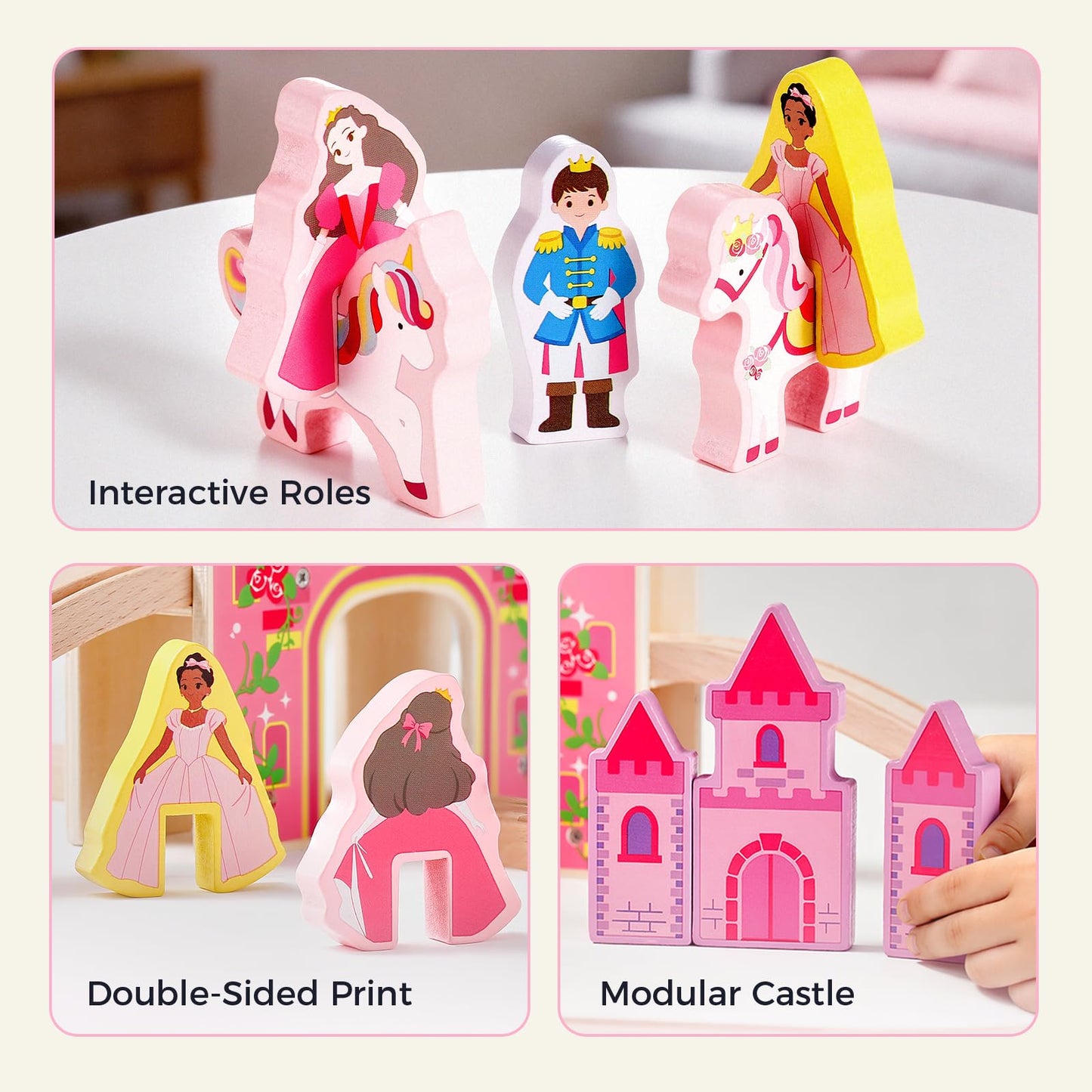 Tiny Land Wooden Train Set for Girls, 38PCS Unicorn Princess Train Set with Castle Bridge & Royal Accessories, Pink Fantasy Train Track Set, Gift for Toddlers Girl Toys Ages 3+