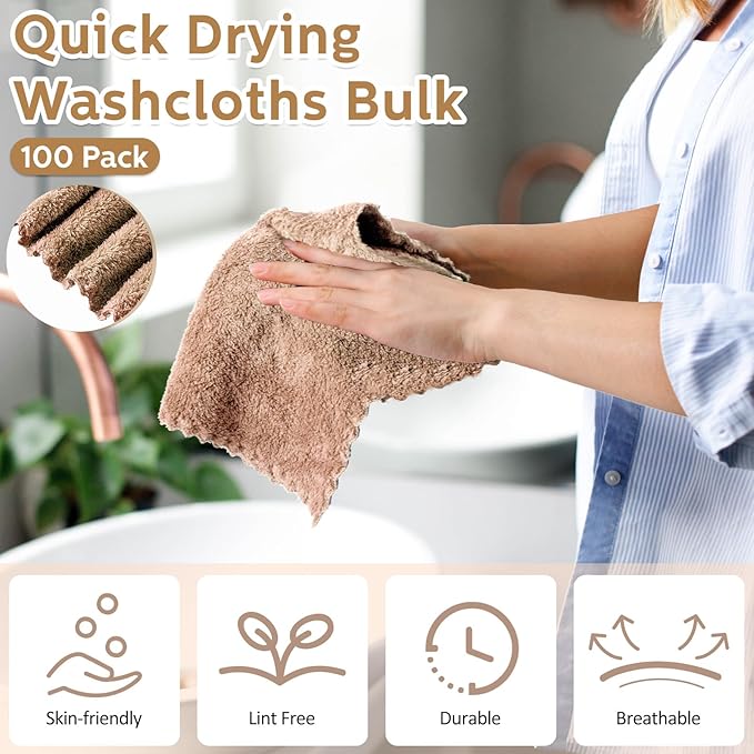 Newwiee 100 Pcs Washcloths Quick Drying Bathroom Wash Clothes 12 x 12 Inch Face