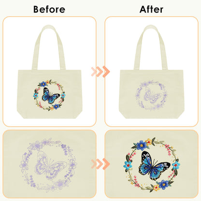 ERKOON Canvas Tote Bag Embroidery Kit for Beginners, Floral Arts Crafts Cross Stitch Kits for Adults Including Stamped Embroidery Bag with Hoops, Needle, Instruction and Color Threads (Butterfly)