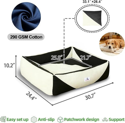 Cotton Canvas Dog Bed, Cute Dog Bed Medium Size Dog, Puppy Bed with Washable Removable Cover, Durable 290 GSM Cotton Anti-Chewing Pet Bed with Anti-Slip Bottom (30"x25"x10", Black&White)