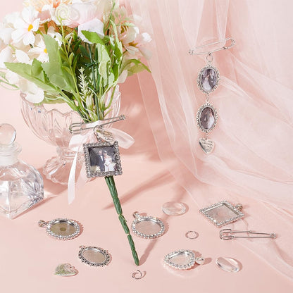 UNICRAFTALE 4 Sets 4 Styles Wedding Bouquet DIY Photo Charm Bouquet Memorial Bridal Charm Oval Round Pin Brooch Making Kit Heart Memorial Locket Cabochon Pendants for DIY Wedding Party Bridal Shower
