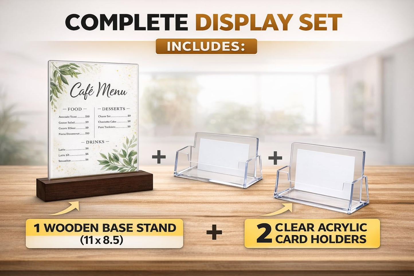 GALIIV Acrylic display stands. For 11 x 8.5 brochures with 2 card holders and wooden base, ideal for displaying restaurant menus, office brochures, and business cards.