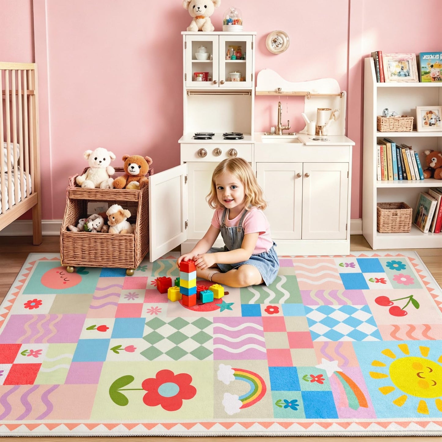 5x7 Washable Kid Bedroom Rug for Girls, Pink Baby Nursery Area Rug, Soft Non-Slip Toddler Playroom Carpet, Cute Colorful Strawberry Fruit Rainbow Checkered