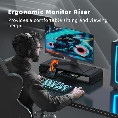 Heymaster Monitor Stand Riser with Drawer, Foldable & Adjustable Length Computer Stand with Phone & Tablet Holder, Space Saving Desk Organizer Shelf for Home Office, Laptop, Desktop