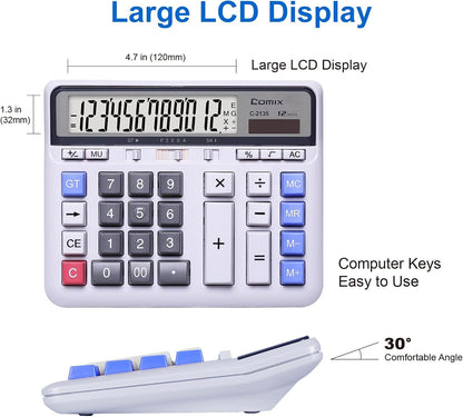 Comix Desktop Calculator Solar Battery Dual Power with 12-Digit Large LCD Display and Large Computer Keys Standard Function Calculator for Home Office School, White