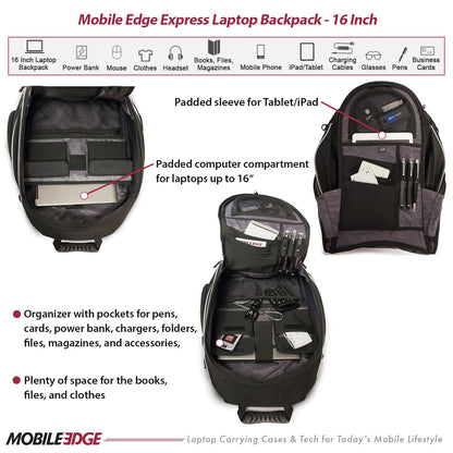 Mobile Edge Express 2.0 Laptop Backpack for Men and Women, Compatible with PC and Mac Laptops 16-17 Inch, Travel Work Business Computer Bag, MEBPE32, Black with Royal Blue Trim