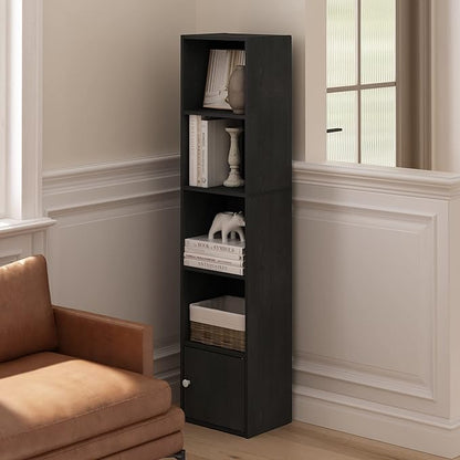Furinno LUDER Book Shelf, 5-Tier Modern Bookshelf, Bookcase with 1 Door Storage Cabinet, 9.3 x 12 x 52, for Organization and Storage, for Living Room, Bedroom, Home Office, Blackwood