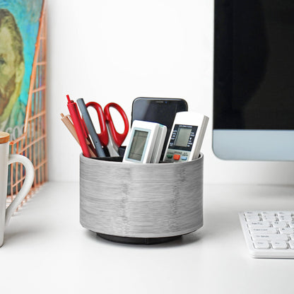 Hennaja Round Leather Art Supply Organizer,Remote Control Holder,360 Degree Spinning,Multi-Functional Pencil Holder,4 Compartments Desktop Stationary Organizer(1-Light Grey2)
