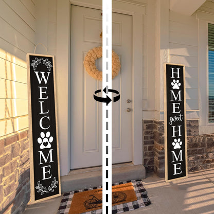 Aurapeak Outdoor Welcome Sign for Front Porch Door Decor, Home Sweet Home Sign Door Outside Standing Large 2 Sided Dog Paw Farmhouse Modern Wooden Frame Vertical Leaner (45"X9" Wood Black)