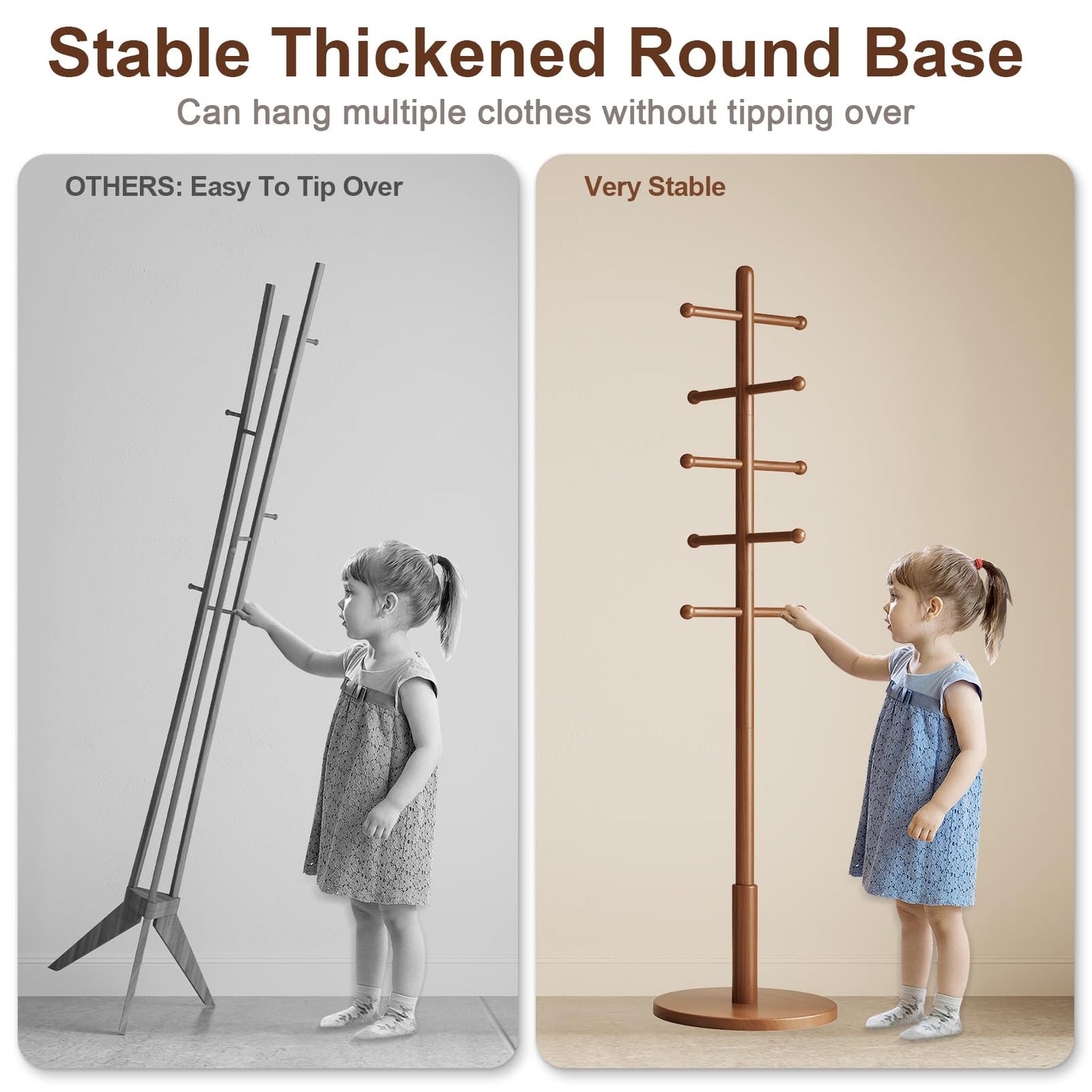 DONGMUWUJEE Solid Wood Coat Rack Freestanding with 10 Hooks, Coat tree freestanding 3 Adjustable Heights for coat, Hats, Handbags, Coat Stand for Entryway,Bedroom,office, Walnut