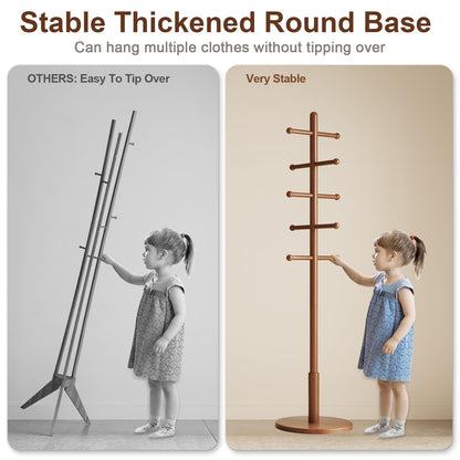 DONGMUWUJEE Solid Wood Coat Rack Freestanding with 10 Hooks, Coat tree freestanding 3 Adjustable Heights for coat, Hats, Handbags, Coat Stand for Entryway,Bedroom,office, Walnut