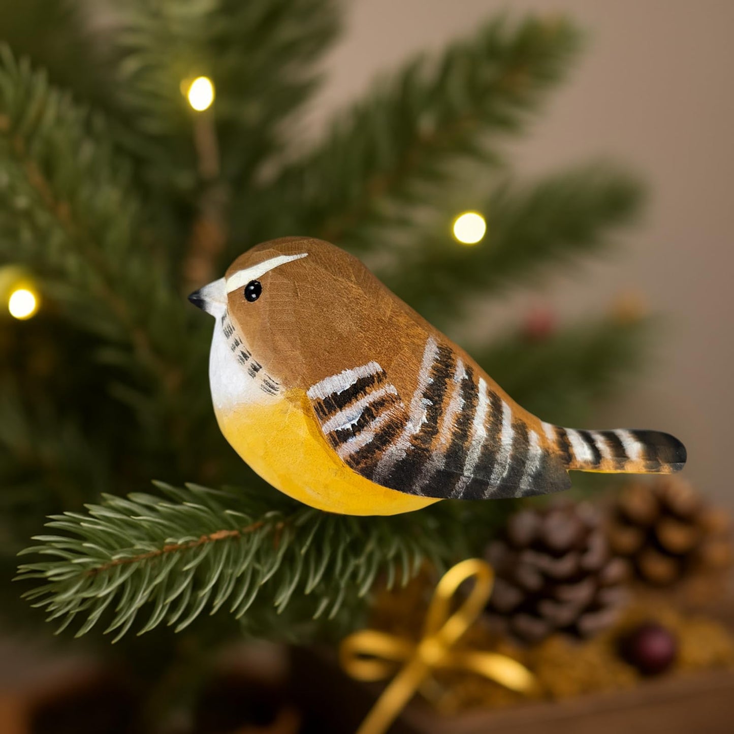 Clip-On Wooden Carolina Wren Ornament with Gift Box - Hand-Carved Wooden Bird for Christmas Tree, Wreaths & Gifts, Rustic Woodland Décor