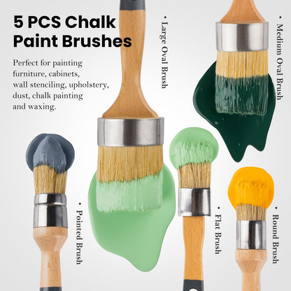 YiBaiBrush Chalk Paint Brush, Wax Paint Brush Set of 5, Wax Brushes and Chalk Paint for Furniture DIY Art Crafts, Natural Bristle Round Oval Brush for All Painting and Waxing