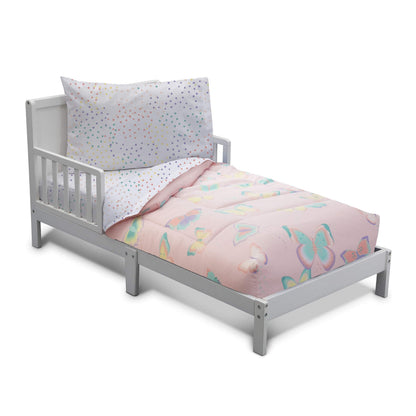 Delta Children 4 Piece Toddler Bedding Set for Girls - Reversible 2-in-1 Comforter - Includes Fitted Comforter to Keep Little Ones Snug, Bottom Sheet, Top Sheet, Pillow Case - Pink Butterfly Flutter