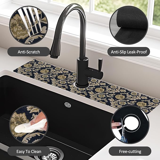 24" X 5.5" Kitchen Sink Splash Guard Faucet Mat Floral Flower Super Absorbent
