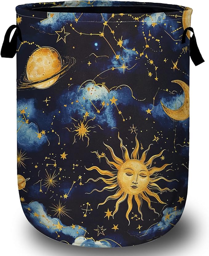 Sun Moon Laundry Basket, Foldable Cloudy Starry Night Laundry Hamper Tote Bag